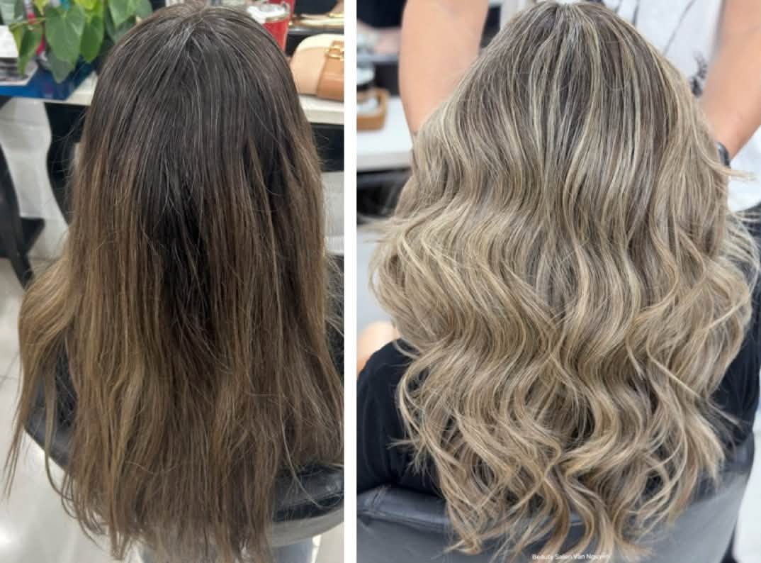 Tóc nâu thẳng trước khi làm và tóc balayage tông tro vàng nhạt gợn sóng sau khi làm tại Beauty Salon Vân Nguyễn