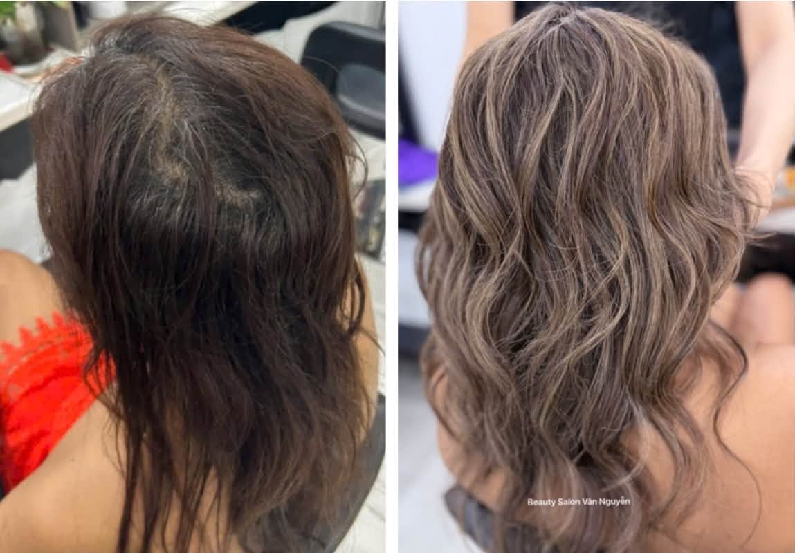 Tóc nâu xẹp lộ chân tóc bạc trước khi làm và tóc highlight tông tro gợn sóng sau khi làm tại Beauty Salon Vân Nguyễn
