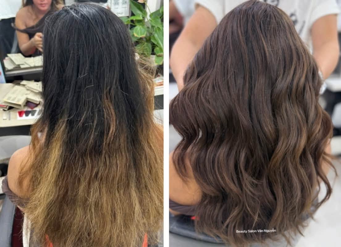 Tóc đen có phần ngọn tẩy vàng xơ trước khi làm và tóc nâu chocolate gợn sóng sau khi làm tại Beauty Salon Vân Nguyễn