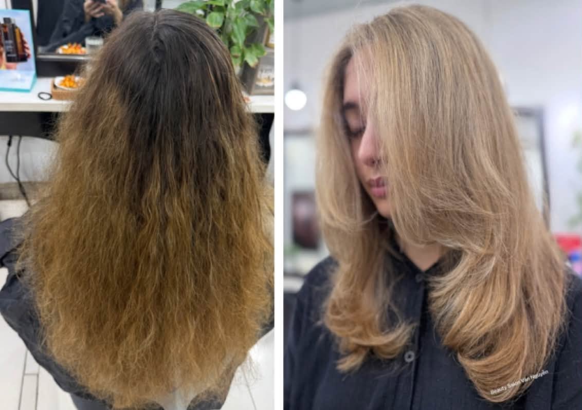 Tóc dài khô xơ ngả cam trước khi làm và tóc vàng mật ong cắt layer mềm mượt sau khi làm tại Beauty Salon Vân Nguyễn